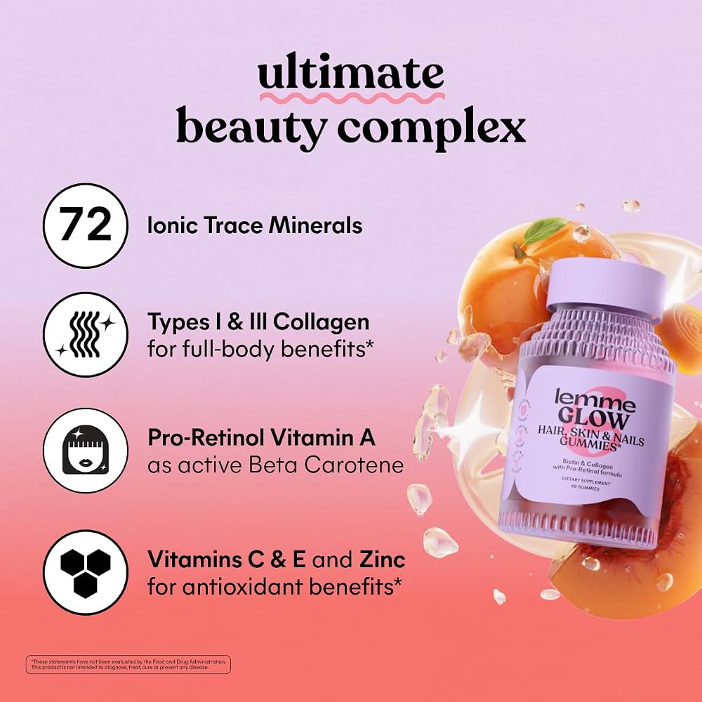 Lemme Glow hair skin nails 60 gummies biotin&collagen with pro-retinol formula