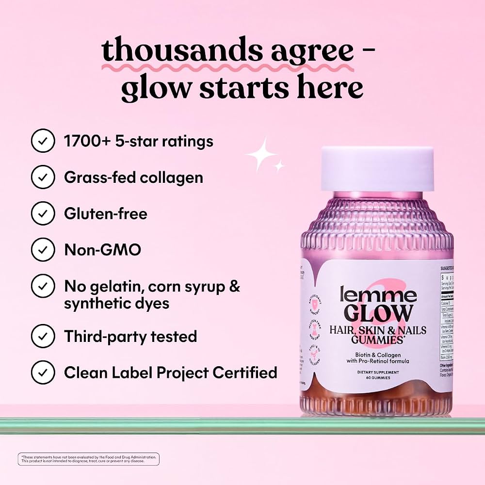 Lemme Glow hair skin nails 60 gummies biotin&collagen with pro-retinol formula