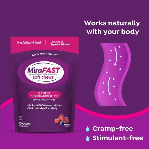 Mira fast soft chews gentle constipation relief, cramp&stimulant free 100 chews